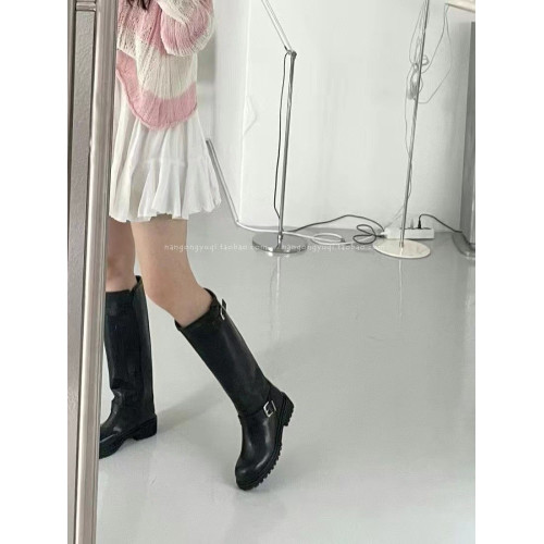 韓國東大門女鞋25秋新款ins英倫休閒皮帶釦低跟加絨高筒靴騎士靴