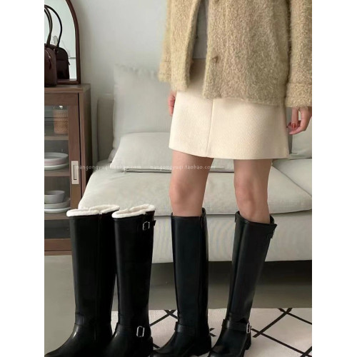 韓國東大門女鞋25秋新款ins英倫休閒皮帶釦低跟加絨高筒靴騎士靴