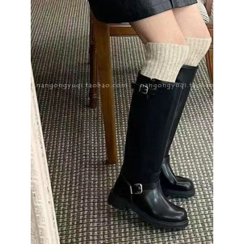 韓國東大門女鞋25秋新款ins英倫休閒皮帶釦低跟加絨高筒靴騎士靴