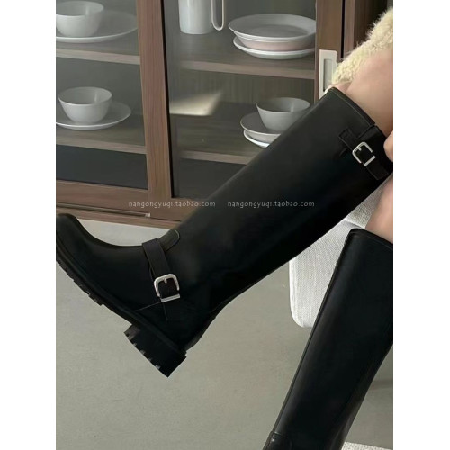 韓國東大門女鞋25秋新款ins英倫休閒皮帶釦低跟加絨高筒靴騎士靴