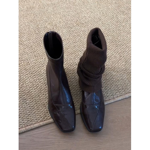 羊皮版~真皮氣質方頭低跟瘦瘦靴女復古通勤百搭後拉鍊短靴馬丁靴