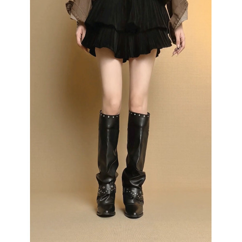 牛皮版~尖頭粗跟鉚釘褲琯靴女顯瘦皮帶釦堆堆騎士靴百搭高筒長靴