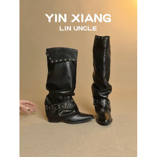 牛皮版~尖頭粗跟鉚釘褲琯靴女顯瘦皮帶釦堆堆騎士靴百搭高筒長靴