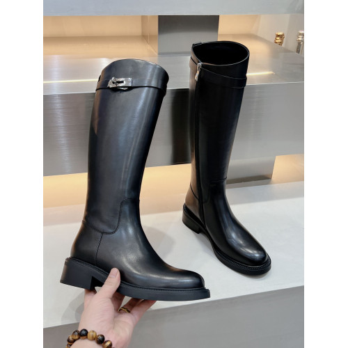 歐洲站2026秋冬真皮粗跟側拉鍊高筒靴女英倫風修腿皮帶釦騎士長靴