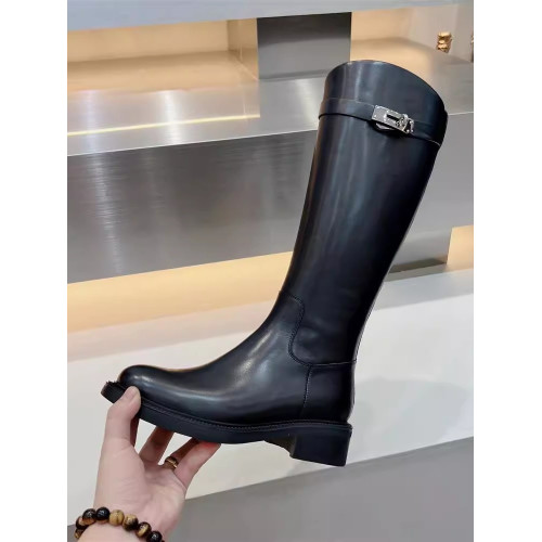 歐洲站2026秋冬真皮粗跟側拉鍊高筒靴女英倫風修腿皮帶釦騎士長靴