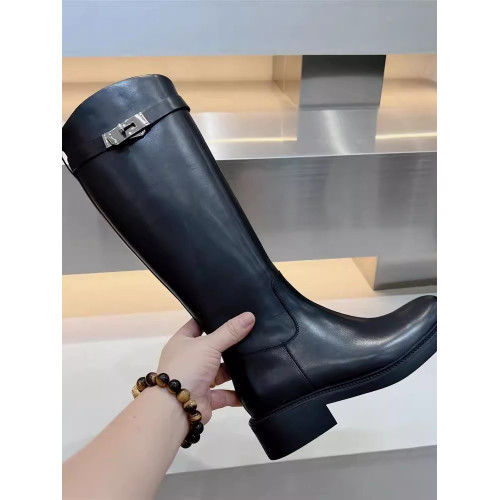 歐洲站2026秋冬真皮粗跟側拉鍊高筒靴女英倫風修腿皮帶釦騎士長靴