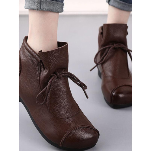 春季新款牛筋軟底短靴中老年復古媽媽真皮平底休閒女靴民族風靴子