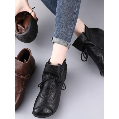 春季新款牛筋軟底短靴中老年復古媽媽真皮平底休閒女靴民族風靴子