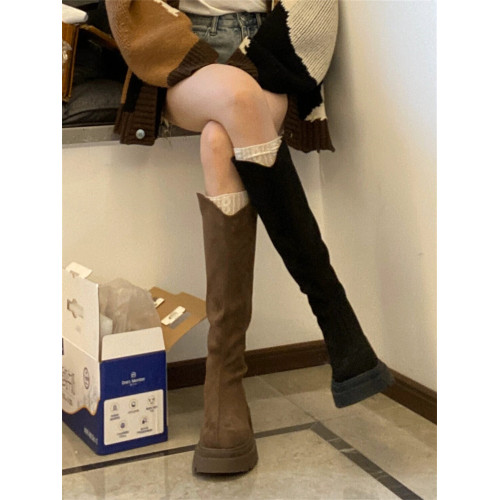 桃小姐絨面V口長筒靴女2025新款大筒圍粗腿大碼顯瘦厚底騎士靴子