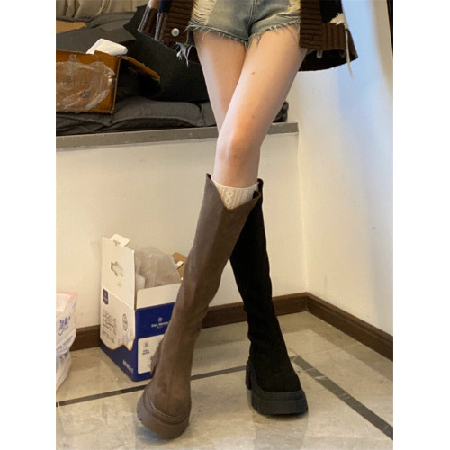 桃小姐絨面V口長筒靴女2025新款大筒圍粗腿大碼顯瘦厚底騎士靴子