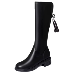 品牌特價真皮長筒靴女冬季新款粗跟平底不過膝彈力靴加絨保暖長靴