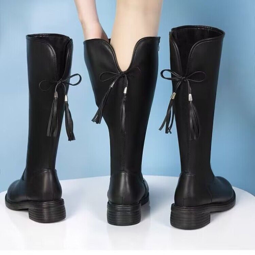 品牌特價真皮長筒靴女冬季新款粗跟平底不過膝彈力靴加絨保暖長靴