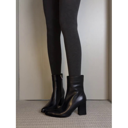 羊皮版~法式英倫風真皮尖頭粗跟短靴女氣質通勤風高跟短靴馬丁靴