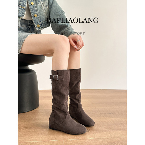 堆堆長筒靴女平底高筒西部牛仔靴褶皺內增高騎士靴大碼長靴41到43