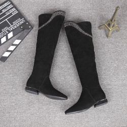 歐洲站2025冬季新款顯瘦低跟水鑽過膝靴加絨尖頭長筒靴平底高筒靴