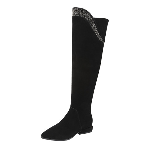 歐洲站2025冬季新款顯瘦低跟水鑽過膝靴加絨尖頭長筒靴平底高筒靴