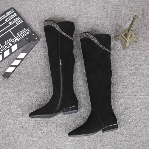 歐洲站2025冬季新款顯瘦低跟水鑽過膝靴加絨尖頭長筒靴平底高筒靴