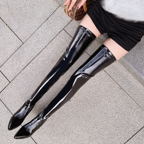 70cm超長過膝長靴女2025年新款超高筒尖頭大腿靴粗高跟漆皮過膝靴