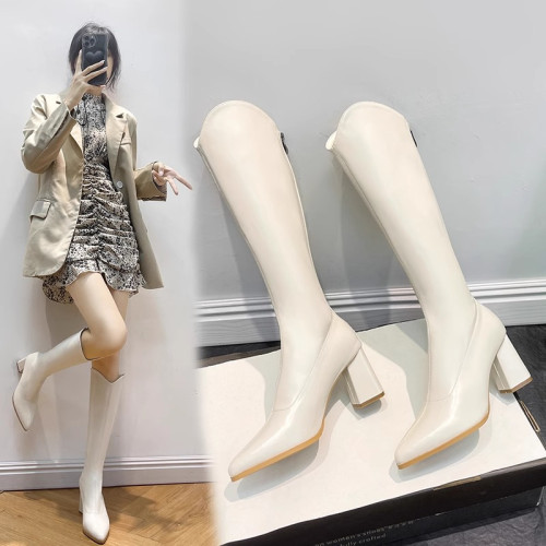 顯瘦小個子長靴女高跟顯瘦2023年秋冬新款高跟尖頭粗跟瘦瘦長筒靴