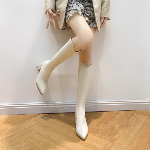 顯瘦小個子長靴女高跟顯瘦2023年秋冬新款高跟尖頭粗跟瘦瘦長筒靴