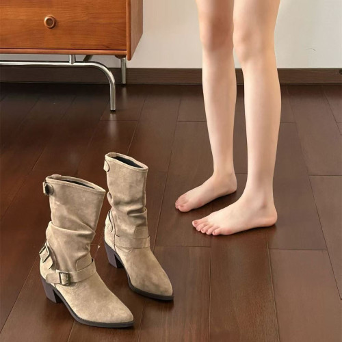 網紅爆款堆堆靴女2026秋季新款時尚中筒騎士靴粗跟尖頭西部牛仔靴