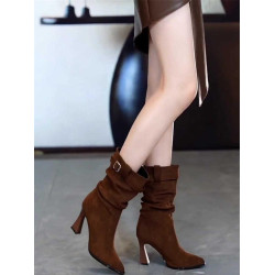 歐美棕色氣質中筒堆堆靴瘦瘦靴女2025秋冬新款尖頭高跟絨面彈力靴