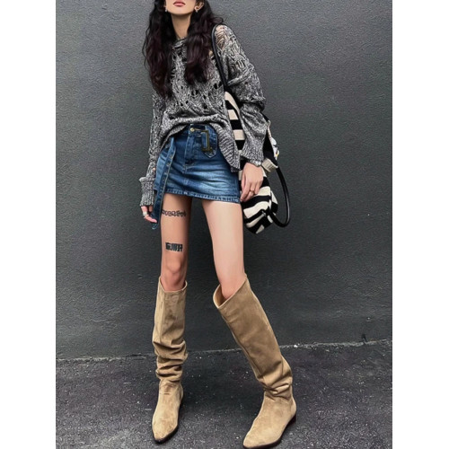 春夏卡其色美拉德堆堆靴女款復古褶皺2025新款爆款靴子長筒靴長靴