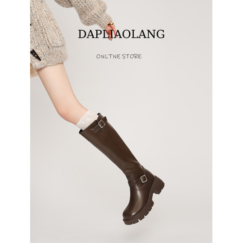棕色長筒靴女粗腿厚底皮帶釦大筒圍胖mm高筒騎士靴大碼長靴41到43