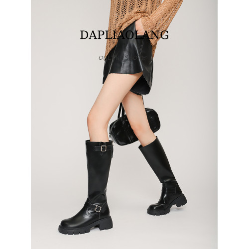 棕色長筒靴女粗腿厚底皮帶釦大筒圍胖mm高筒騎士靴大碼長靴41到43