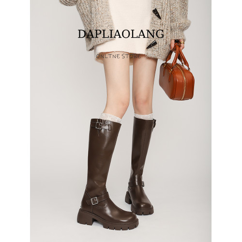 棕色長筒靴女粗腿厚底皮帶釦大筒圍胖mm高筒騎士靴大碼長靴41到43