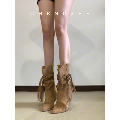 牛皮版~絨面高跟褶皺堆堆靴女尖頭粗跟西部靴流蘇編織綁帶中筒靴