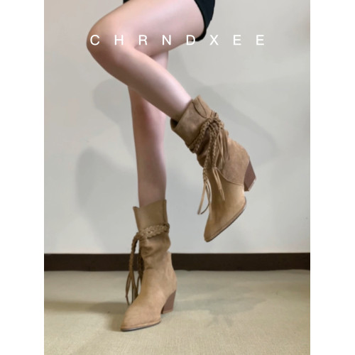 牛皮版~絨面高跟褶皺堆堆靴女尖頭粗跟西部靴流蘇編織綁帶中筒靴