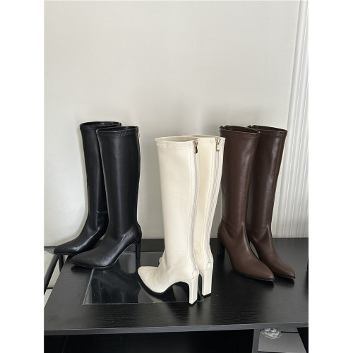 SYLSH 白色高筒靴2025年新款騎士靴女尖頭粗跟長靴法式高跟長筒靴 SYLSH 白色高筒靴2025年新款騎士靴女尖頭粗跟長靴法式高跟長筒靴