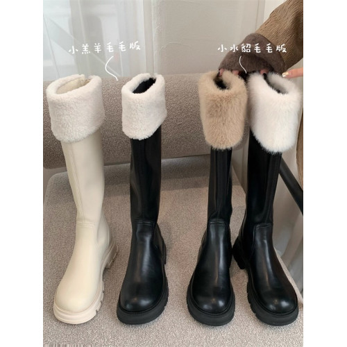 羊羔毛長筒靴女鞋2025年新款秋冬季加絨毛毛冬鞋奶白色長靴不過膝