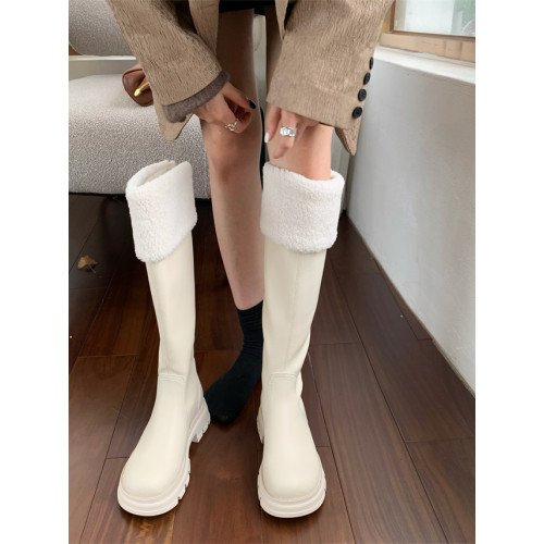 羊羔毛長筒靴女鞋2025年新款秋冬季加絨毛毛冬鞋奶白色長靴不過膝