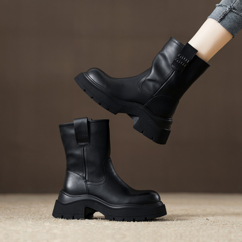 爆款真皮中筒英倫風馬丁靴子女款2025新款秋冬季加絨厚底菸筒短靴