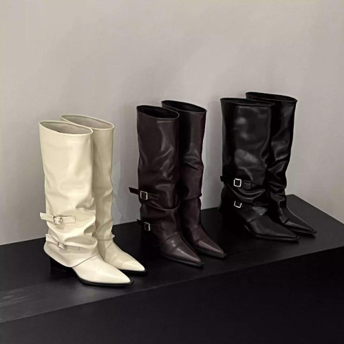 復古粗跟褲筒靴尖頭靴子長靴女2025新款秋冬黑色堆堆靴長筒騎士靴