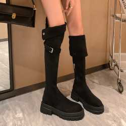 [還素]杏色過膝長靴女冬加絨保暖靴子厚底長筒靴大筒圍胖mm高靴