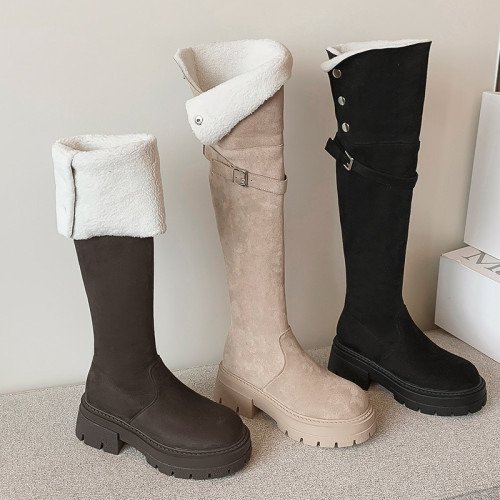 [還素]杏色過膝長靴女冬加絨保暖靴子厚底長筒靴大筒圍胖mm高靴