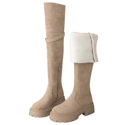 [還素]杏色過膝長靴女冬加絨保暖靴子厚底長筒靴大筒圍胖mm高靴