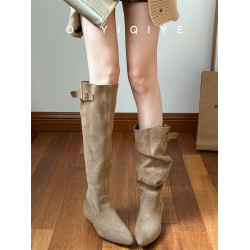 羊皮版~超火絕美長靴不過膝麂皮尖頭騎士靴女夏季薄款顯瘦堆堆靴