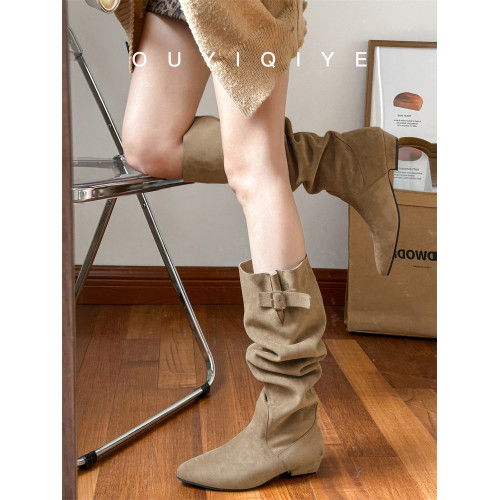 羊皮版~超火絕美長靴不過膝麂皮尖頭騎士靴女夏季薄款顯瘦堆堆靴