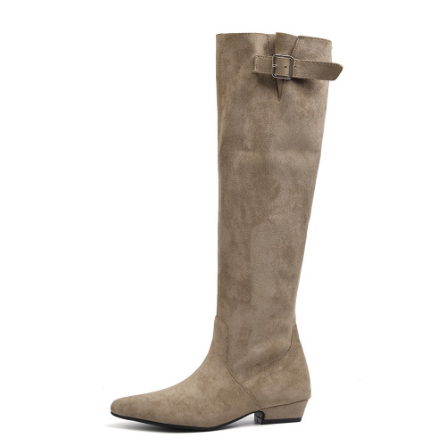 羊皮版~超火絕美長靴不過膝麂皮尖頭騎士靴女夏季薄款顯瘦堆堆靴