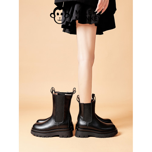 公猴真皮菸筒靴女秋冬新款粗跟厚底增高馬丁靴英倫風機車切爾西靴