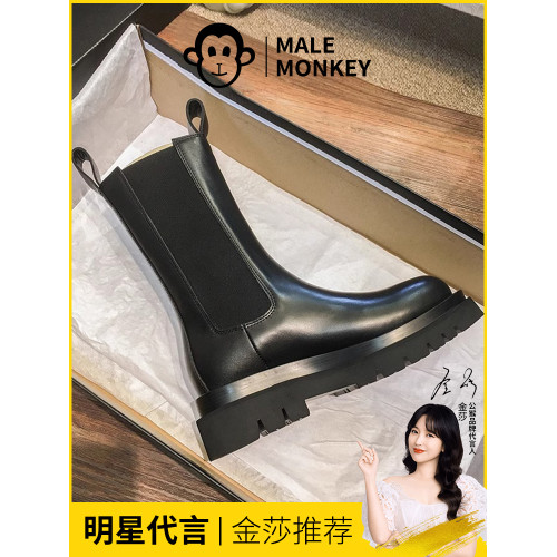 公猴真皮菸筒靴女秋冬新款粗跟厚底增高馬丁靴英倫風機車切爾西靴