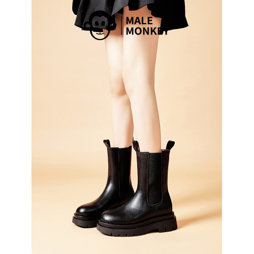 公猴真皮菸筒靴女秋冬新款粗跟厚底增高馬丁靴英倫風機車切爾西靴