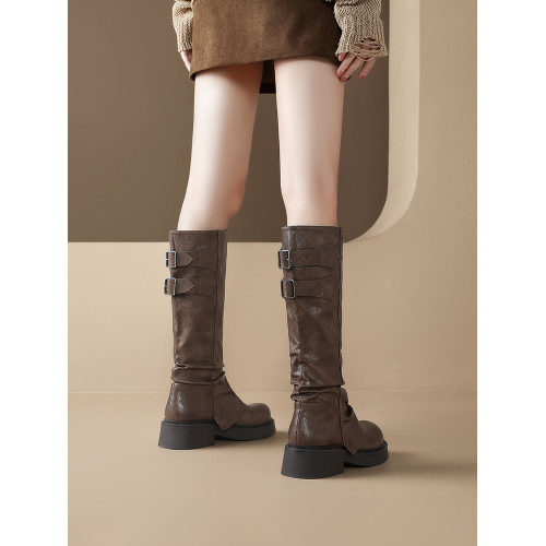 棕色靴子長筒靴女2026新款春季超火美拉德厚底不過膝高筒騎士靴冬