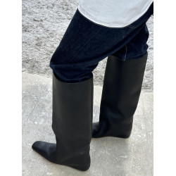 牛皮~英倫風小方頭菸筒褲琯靴女2024新款時尚個性平底騎士長筒靴