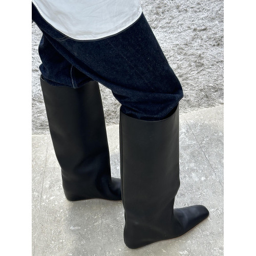 牛皮~英倫風小方頭菸筒褲琯靴女2024新款時尚個性平底騎士長筒靴