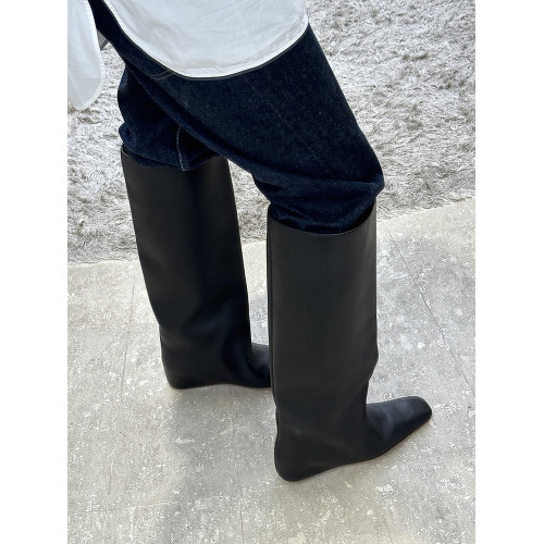 牛皮~英倫風小方頭菸筒褲琯靴女2024新款時尚個性平底騎士長筒靴